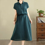 Buddha Stones Summer Plain Single Breasted Drawstring Cotton Linen Midi Dress With Pockets - image 10