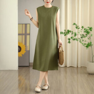 Buddha Stones Casual Plain Color Button Back Design Sleeveless Cotton Linen Midi Dress With Pockets