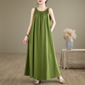 Buddha Stones Summer Casual Plain Pleated Design Sleeveless Crew Neck Cotton Midi Dress With Pockets