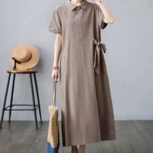 Buddha Stones Casual Plain Side Lace-Up Lapel Short Sleeve Cotton Linen Midi Dress With Pockets