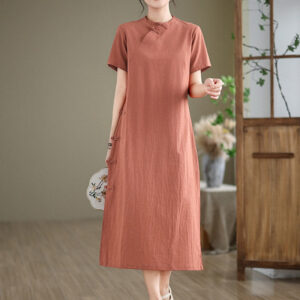 Buddha Stones Summer Vintage Pure Color Chinese Frog-Button Cheongsam Qipao Midi Dress