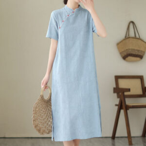 Buddha Stones Jacquard Solid Color Cotton Linen Short Sleeve Cheongsam Qipao Midi Dress With Pockets