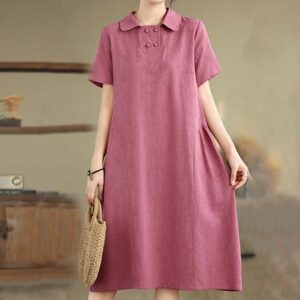 Buddha Stones Plain Jacquard Lapel Cotton Linen Short Sleeve Midi Dress With Pockets