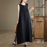 Buddha Stones Casual Spring Plain Irregular Sleeveless Cotton Linen Midi Dress With Pockets - image 12