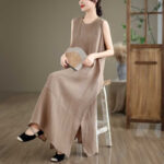 Buddha Stones Casual Spring Plain Irregular Sleeveless Cotton Linen Midi Dress With Pockets - image 5