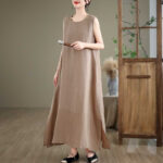 Buddha Stones Casual Spring Plain Irregular Sleeveless Cotton Linen Midi Dress With Pockets - image 1