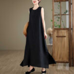 Buddha Stones Casual Spring Plain Irregular Sleeveless Cotton Linen Midi Dress With Pockets - image 11