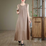 Buddha Stones Casual Spring Plain Irregular Sleeveless Cotton Linen Midi Dress With Pockets - DarkKhaki - US8-10，UK/AU12-14，EU40-42 (2XL) - image 0