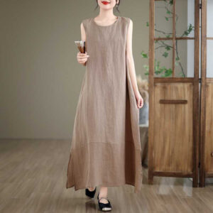 Buddha Stones Casual Spring Plain Irregular Sleeveless Cotton Linen Midi Dress With Pockets - DarkKhaki - US8-10，UK/AU12-14，EU40-42 (2XL) - image 0