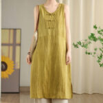 Buddha Stones Casual Tie Dye Chinese Frog-Button Ramie Linen Midi Dress With Pockets - Gold - US8-10，UK/AU12-14，EU40-42 (2XL) - image 6