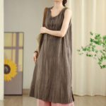 Buddha Stones Casual Tie Dye Chinese Frog-Button Ramie Linen Midi Dress With Pockets - Olive - US8-10，UK/AU12-14，EU40-42 (2XL) - image 19