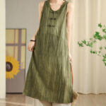 Buddha Stones Casual Tie Dye Chinese Frog-Button Ramie Linen Midi Dress With Pockets - OliveDrab - US8-10，UK/AU12-14，EU40-42 (2XL) - image 1