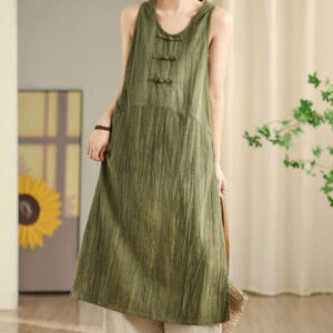 Buddha Stones Casual Tie Dye Chinese Frog-Button Ramie Linen Midi Dress With Pockets - OliveDrab - US8-10，UK/AU12-14，EU40-42 (2XL) - image 1