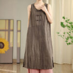 Buddha Stones Casual Tie Dye Chinese Frog-Button Ramie Linen Midi Dress With Pockets - image 20