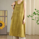 Buddha Stones Casual Tie Dye Chinese Frog-Button Ramie Linen Midi Dress With Pockets - image 9