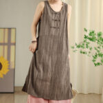 Buddha Stones Casual Tie Dye Chinese Frog-Button Ramie Linen Midi Dress With Pockets - image 21
