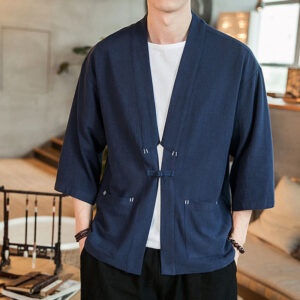 Buddha Stones Plain Chinese Frog-Button Jacket Cotton Linen Men's Three Quarter Sleeve Kimono