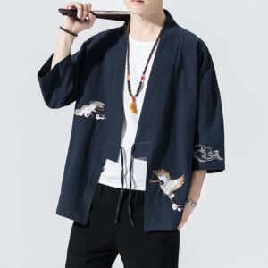 Buddha Stones Embroidery Open Front Jacket Cotton Linen Men's Three Quarter Sleeve Kimono