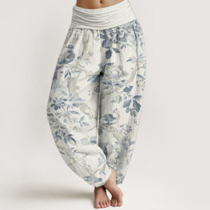 Buddha Stones Pure Cotton Birds Branches Flowers Pattern Women's Elastic Waist Harem Pants