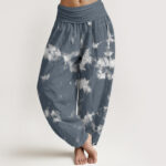 Buddha Stones Pure Cotton White Lines Spots Tie-Dye Pattern Women's Elastic Waist Harem Pants - CadetBlue - US22，UK/AU26，EU54 (6XL) - image 6