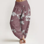 Buddha Stones Pure Cotton White Lines Spots Tie-Dye Pattern Women's Elastic Waist Harem Pants - PaleVioletRed - US22，UK/AU26，EU54 (6XL) - image 9