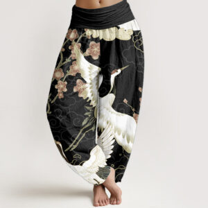 Buddha Stones Pure Cotton Cranes Flowers Auspicious Clouds Pattern Women's Elastic Waist Harem Pants