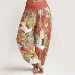 Buddha Stones Casual Crane Floral Geometric Pattern Elastic Waist Women's Harem Pants - DarkOrange - US22，UK/AU26，EU54 (6XL) - image 5
