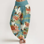 Buddha Stones Casual Crane Peony Cherry Blossom Pattern Elastic Waist Women's Harem Pants - MediumTurquoise - US22，UK/AU26，EU54 (6XL) - image 1