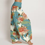 Buddha Stones Casual Crane Peony Cherry Blossom Pattern Elastic Waist Women's Harem Pants - image 3