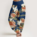 Buddha Stones Casual Crane Peony Cherry Blossom Pattern Elastic Waist Women's Harem Pants - DarkBlue - US22，UK/AU26，EU54 (6XL) - image 5