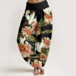 Buddha Stones Casual Crane Peony Cherry Blossom Pattern Elastic Waist Women's Harem Pants - Black - US22，UK/AU26，EU54 (6XL) - image 8