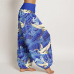 Buddha Stones Casual Crane Ocean Waves Pattern Elastic Waist Women's Harem Pants - image 3