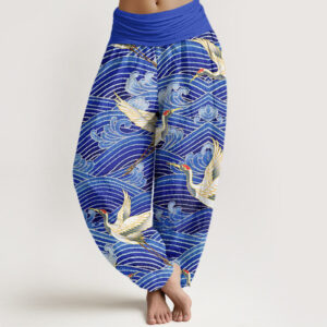 Buddha Stones Casual Crane Ocean Waves Pattern Elastic Waist Women's Harem Pants - SlateBlue - US22，UK/AU26，EU54 (6XL) - image 1
