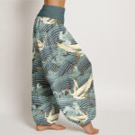 Buddha Stones Casual Crane Ocean Waves Pattern Elastic Waist Women's Harem Pants - image 7