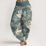 Buddha Stones Casual Crane Ocean Waves Pattern Elastic Waist Women's Harem Pants - CadetBlue - US22，UK/AU26，EU54 (6XL) - image 5