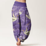 Buddha Stones Casual Crane Ocean Waves Pattern Elastic Waist Women's Harem Pants - image 9
