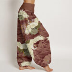 Buddha Stones Casual Crane Ocean Waves Chrysanthemum Pattern Women's Elastic Waist Harem Pants - image 10