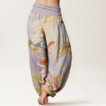 Buddha Stones Casual Peony Koi Fish Golden-Edged Leaves Pattern Women's Elastic Waist Harem Pants - image 2