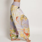 Buddha Stones Casual Peony Koi Fish Golden-Edged Leaves Pattern Women's Elastic Waist Harem Pants - image 3