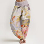 Buddha Stones Casual Peony Koi Fish Golden-Edged Leaves Pattern Women's Elastic Waist Harem Pants - Thistle - US22，UK/AU26，EU54 (6XL) - image 1
