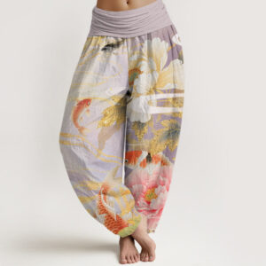 Buddha Stones Casual Peony Koi Fish Golden-Edged Leaves Pattern Women's Elastic Waist Harem Pants - Thistle - US22，UK/AU26，EU54 (6XL) - image 1