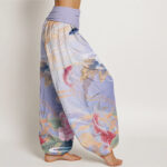 Buddha Stones Casual Peony Koi Fish Golden-Edged Leaves Pattern Women's Elastic Waist Harem Pants - image 10