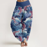 Buddha Stones Casual Koi Fish Ocean Waves Pattern Women's Elastic Waist Harem Pants - DarkBlue - US22，UK/AU26，EU54 (6XL) - image 5