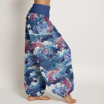 Buddha Stones Casual Koi Fish Ocean Waves Pattern Women's Elastic Waist Harem Pants - image 7