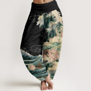 Buddha Stones Casual Blooming Lotuse Wave Pavilion Pattern Women's Elastic Waist Harem Pants - Black - US22，UK/AU26，EU54 (6XL) - image 1