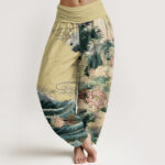 Buddha Stones Casual Blooming Lotuse Wave Pavilion Pattern Women's Elastic Waist Harem Pants - Khaki - US22，UK/AU26，EU54 (6XL) - image 5