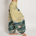 Buddha Stones Casual Blooming Lotuse Wave Pavilion Pattern Women's Elastic Waist Harem Pants - image 7