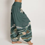 Buddha Stones Casual Blooming Lotuse Wave Pavilion Pattern Women's Elastic Waist Harem Pants - image 10