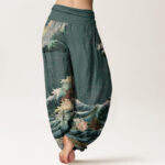 Buddha Stones Casual Blooming Lotuse Wave Pavilion Pattern Women's Elastic Waist Harem Pants - image 9