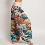 Buddha Stones Casual Blossoming Tree Koi Fish Wave Mountain Pattern Women's Elastic Waist Harem Pants - image 3